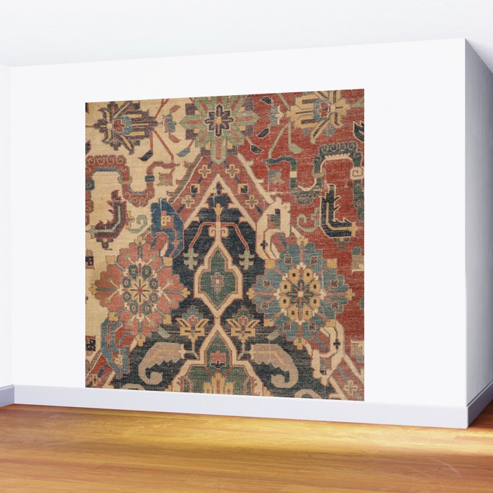 Geometric Leaves I // 18th Century Distressed Red Blue Green Colorful Ornate Accent Rug Pattern Wall Mural Gallery Image 2