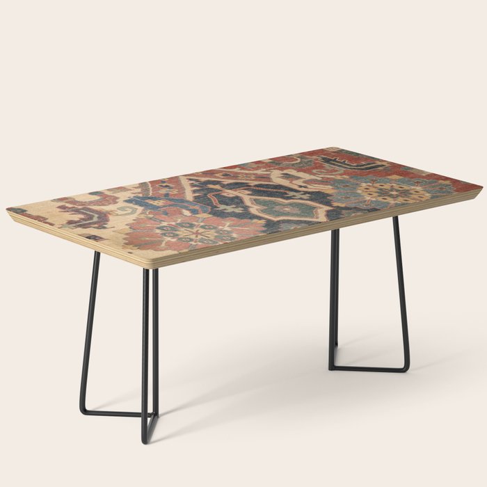 Geometric Leaves I // 18th Century Distressed Red Blue Green Colorful Ornate Accent Rug Pattern Coffee Table Gallery Image 1