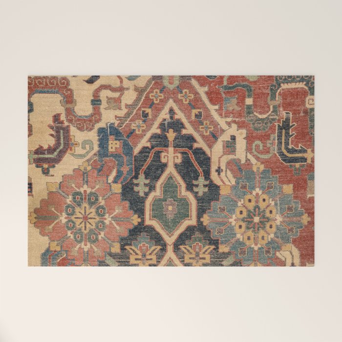 Geometric Leaves I // 18th Century Distressed Red Blue Green Colorful Ornate Accent Rug Pattern Welcome Mat Gallery Image 1