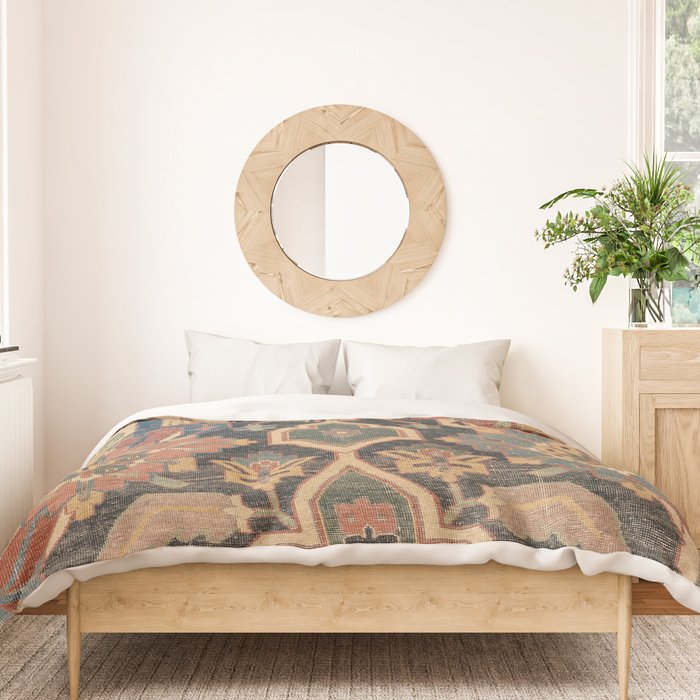 Geometric Leaves I // 18th Century Distressed Red Blue Green Colorful Ornate Accent Rug Pattern Duvet Cover Gallery Image 3