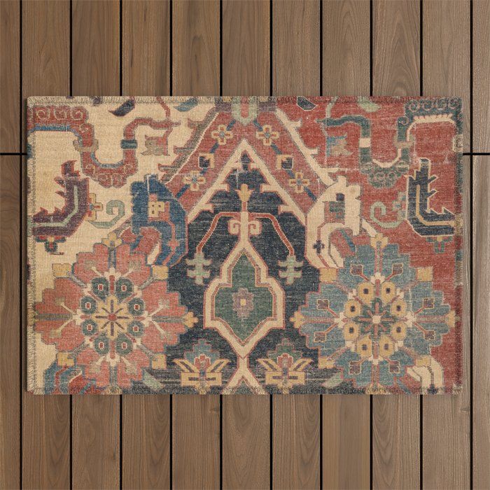 Geometric Leaves I // 18th Century Distressed Red Blue Green Colorful Ornate Accent Rug Pattern Outdoor Rug Gallery Image 1
