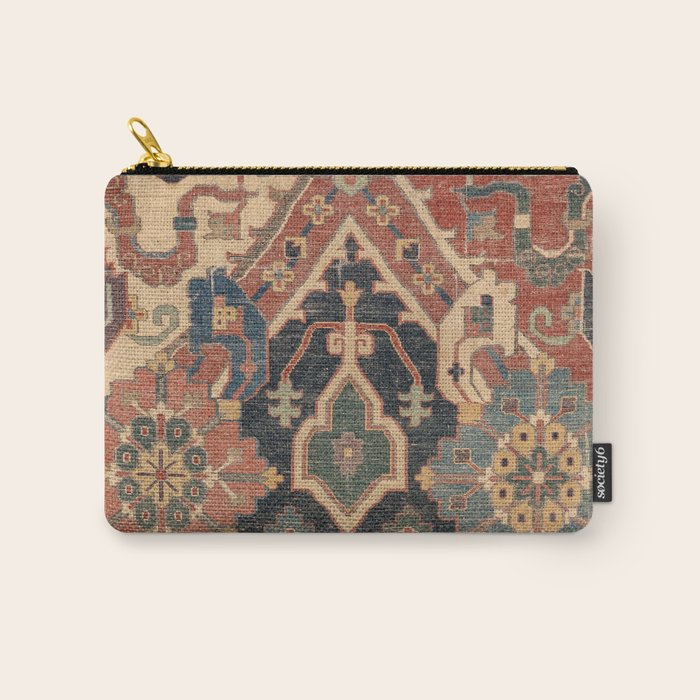 Geometric Leaves I // 18th Century Distressed Red Blue Green Colorful Ornate Accent Rug Pattern Carry All Pouch Gallery Image 1