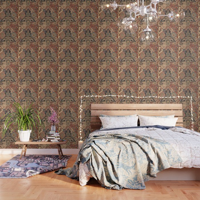Geometric Leaves I // 18th Century Distressed Red Blue Green Colorful Ornate Accent Rug Pattern Wallpaper Gallery Image 3