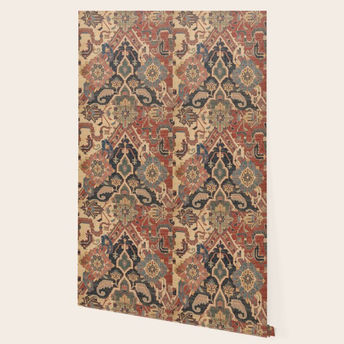 Geometric Leaves I // 18th Century Distressed Red Blue Green Colorful Ornate Accent Rug Pattern Wallpaper Gallery Image 2