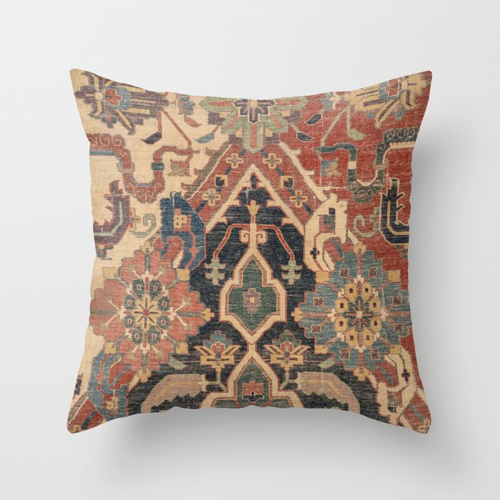 Geometric Leaves I // 18th Century Distressed Red Blue Green Colorful Ornate Accent Rug Pattern Throw Pillow Gallery Image 1