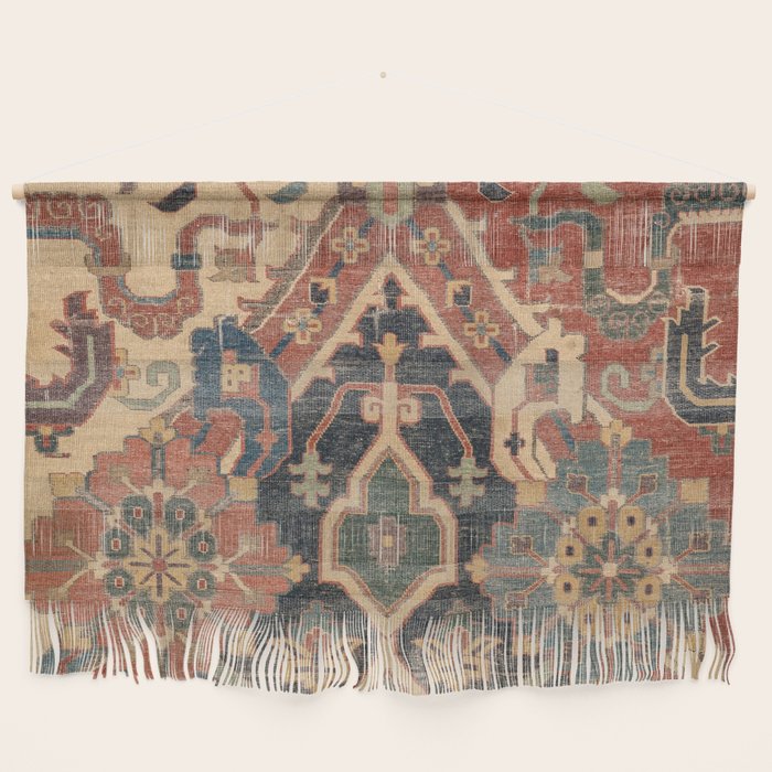 Geometric Leaves I // 18th Century Distressed Red Blue Green Colorful Ornate Accent Rug Pattern Wall Hanging Gallery Image 1