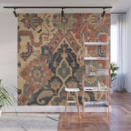 Geometric Leaves I // 18th Century Distressed Red Blue Green Colorful Ornate Accent Rug Pattern Wall Mural Gallery Image 1