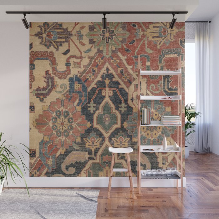 Geometric Leaves I // 18th Century Distressed Red Blue Green Colorful Ornate Accent Rug Pattern Wall Mural Gallery Image 1