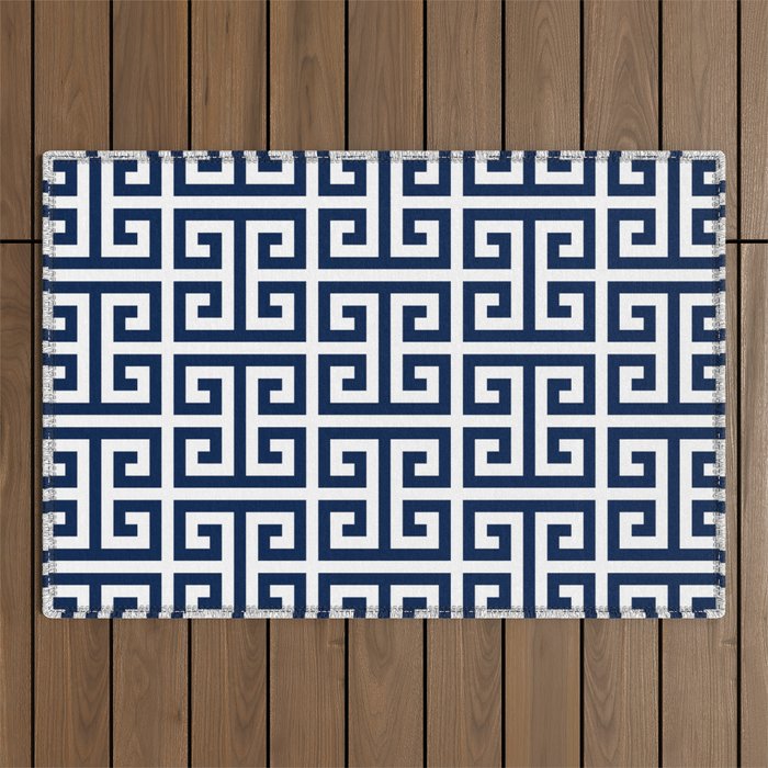 Dark Navy Blue and White Greek Key Pattern Outdoor Rug Gallery Image 1