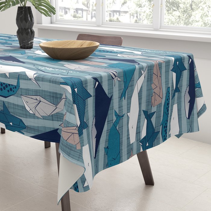 Origami Sea // linen texture and nautical stripes background teal white and taupe whales Tablecloth Gallery Image 3