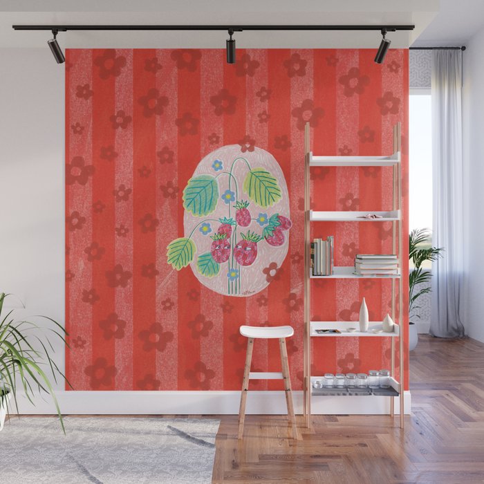 Sweet Strawberry Plant Friends in Red & Pink Wall Mural Gallery Image 1