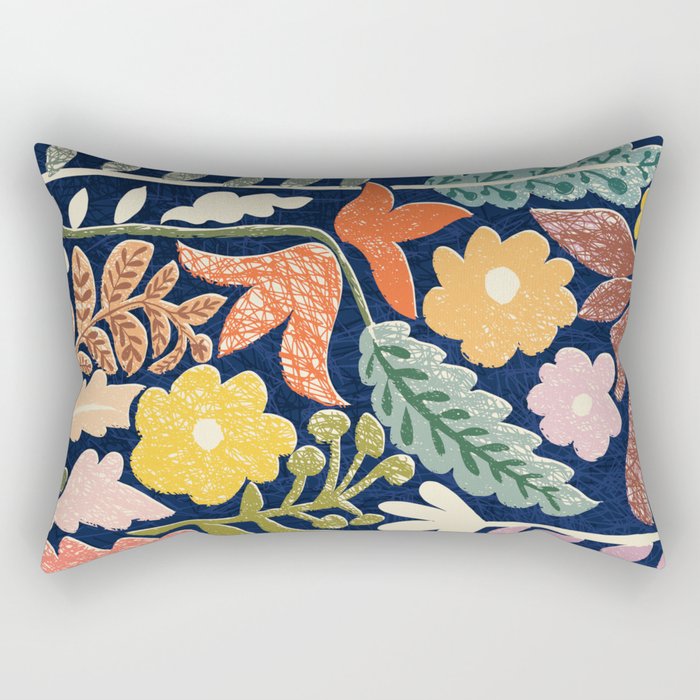Block print summer meadow dark blue Rectangular Pillow Gallery Image 1