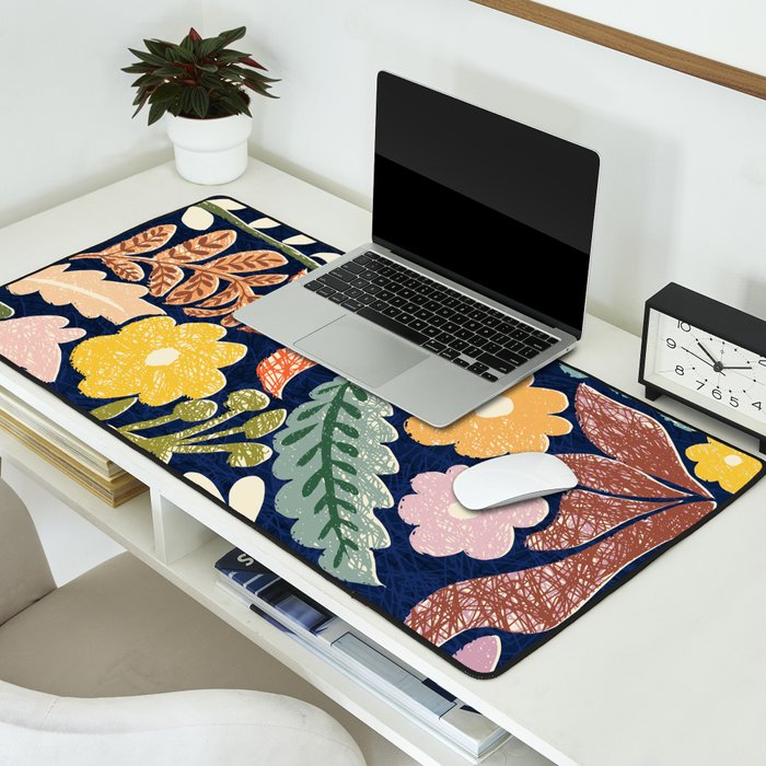 Block print summer meadow dark blue Desk Mat Gallery Image 2