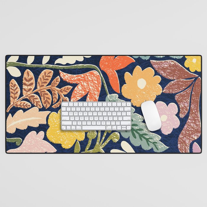 Block print summer meadow dark blue Desk Mat Gallery Image 1