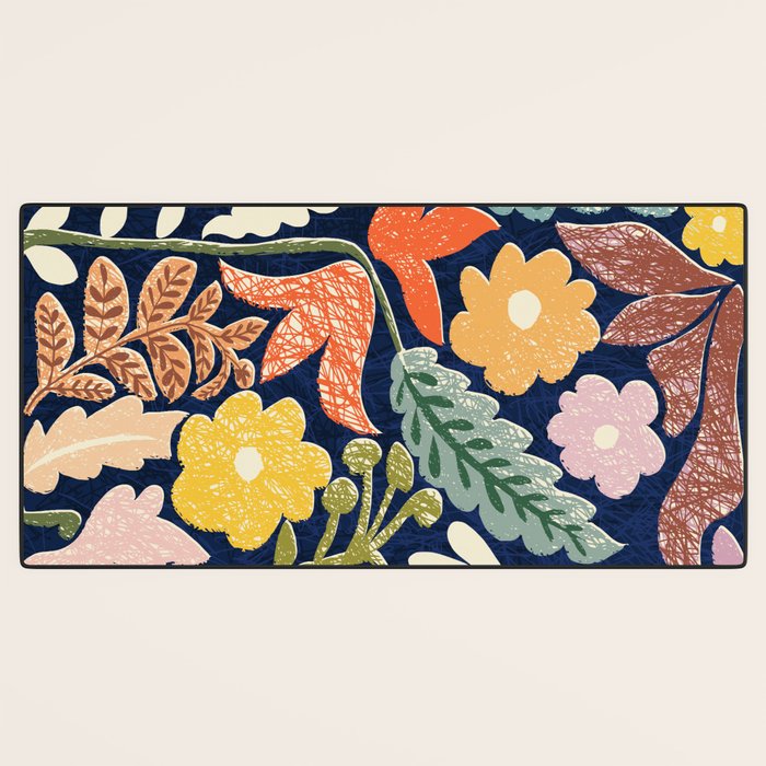 Block print summer meadow dark blue Desk Mat Gallery Image 3