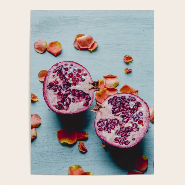 Pomegranate and Rose Petals - blue botanical flower food still life art Poster Gallery Image 4