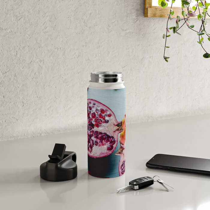 Pomegranate and Rose Petals - blue botanical flower food still life art Water Bottle Gallery Image 4