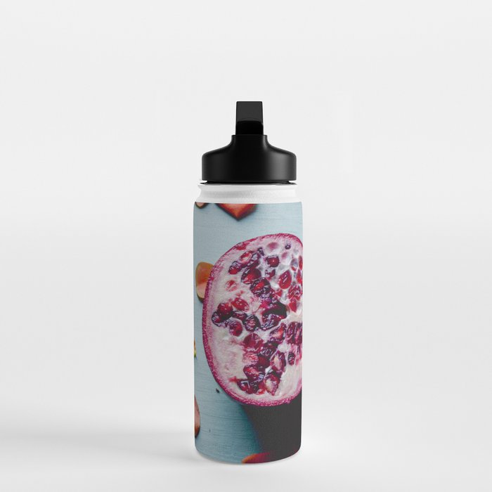 Pomegranate and Rose Petals - blue botanical flower food still life art Water Bottle Gallery Image 3