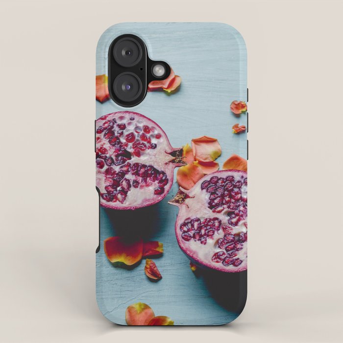 Pomegranate and Rose Petals - blue botanical flower food still life art iPhone Case Gallery Image 1