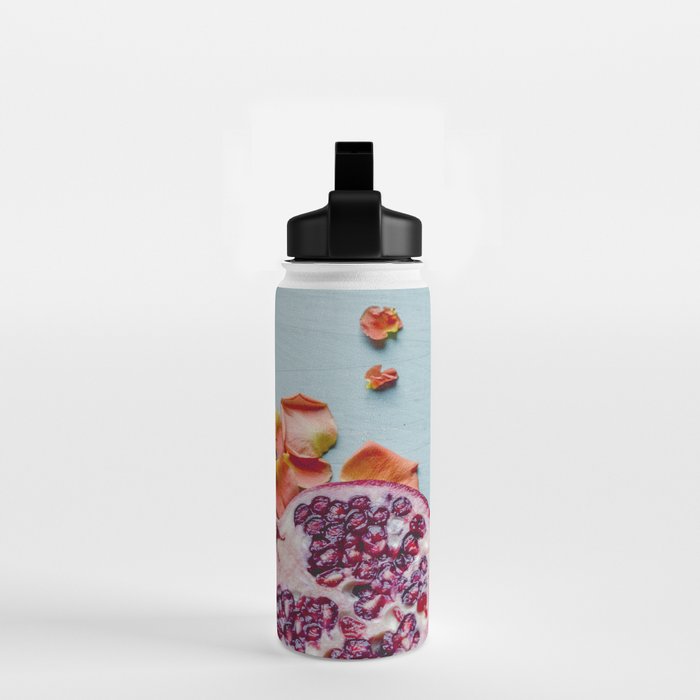 Pomegranate and Rose Petals - blue botanical flower food still life art Water Bottle Gallery Image 2
