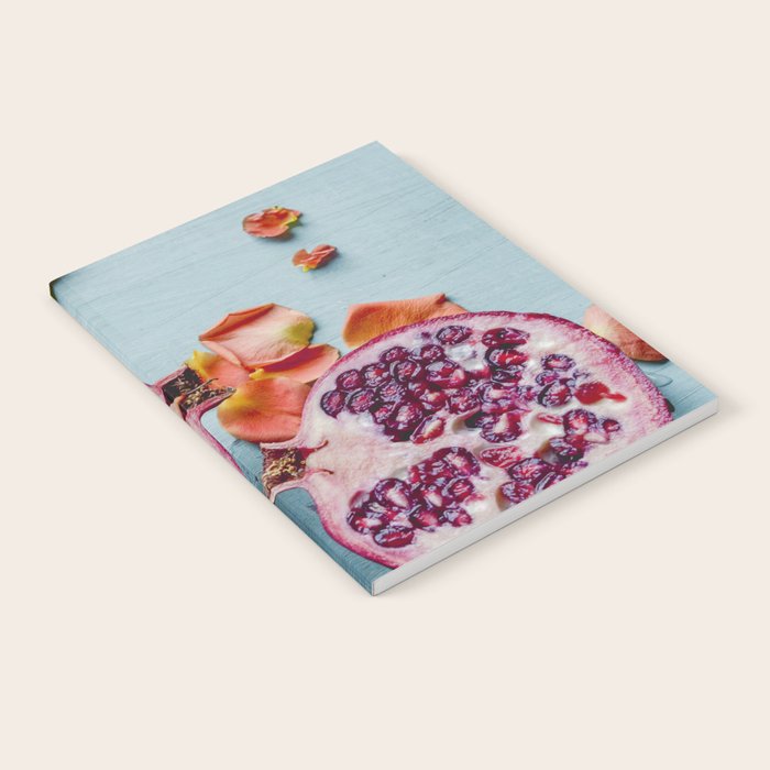 Pomegranate and Rose Petals - blue botanical flower food still life art Notebook Gallery Image 2