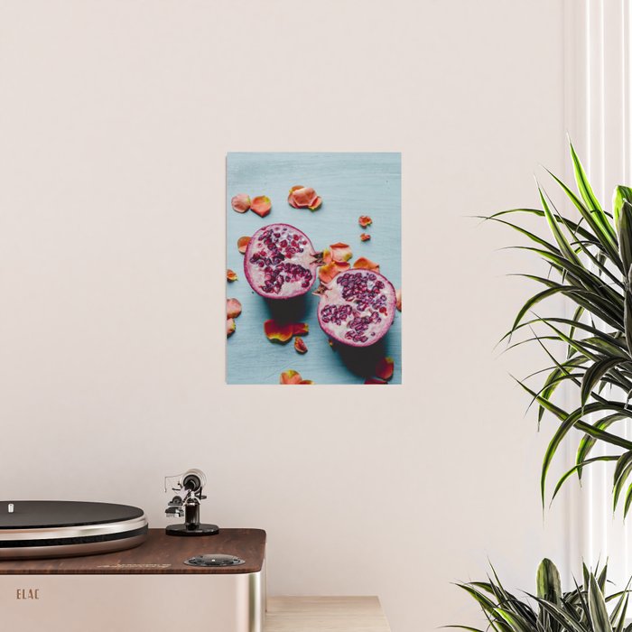 Pomegranate and Rose Petals - blue botanical flower food still life art Poster Gallery Image 2