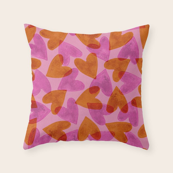 Linocut Hearts / Pink & Orange Throw Pillow Gallery Image 6