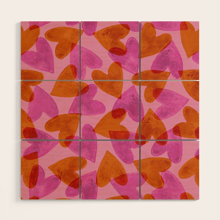 Linocut Hearts / Pink & Orange Wood Wall Art Gallery Image 1