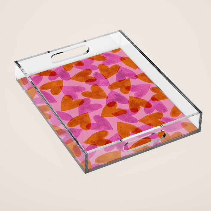 Linocut Hearts / Pink & Orange Acrylic Tray Gallery Image 1