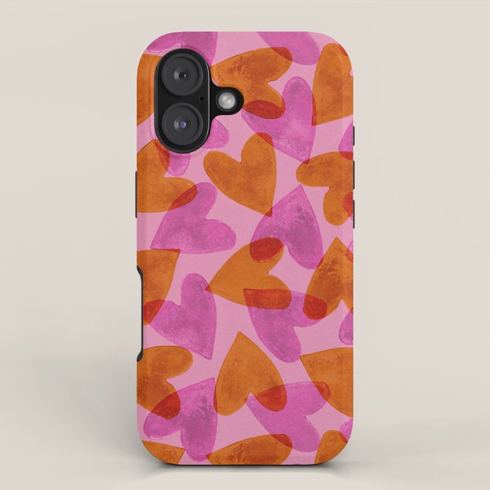 Linocut Hearts / Pink & Orange iPhone Case Gallery Image 1