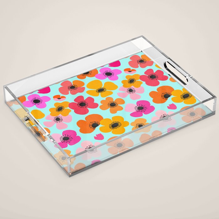 Midcentury Playful Botanical Bold Multicolor Retro Flowers Turquoise Acrylic Tray Gallery Image 1