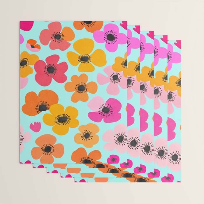 Midcentury Playful Botanical Bold Multicolor Retro Flowers Turquoise Wrapping Paper Gallery Image 3