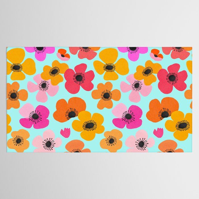 Midcentury Playful Botanical Bold Multicolor Retro Flowers Turquoise Tablecloth Gallery Image 2