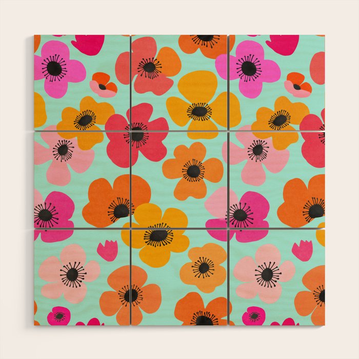 Midcentury Playful Botanical Bold Multicolor Retro Flowers Turquoise Wood Wall Art Gallery Image 1