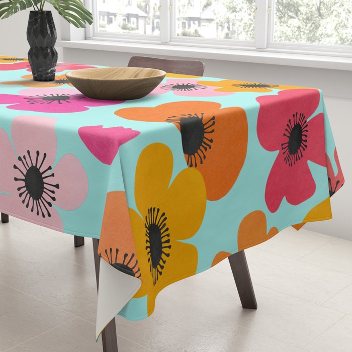 Midcentury Playful Botanical Bold Multicolor Retro Flowers Turquoise Tablecloth Gallery Image 3