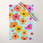 Midcentury Playful Botanical Bold Multicolor Retro Flowers Turquoise Wrapping Paper Gallery Image 1