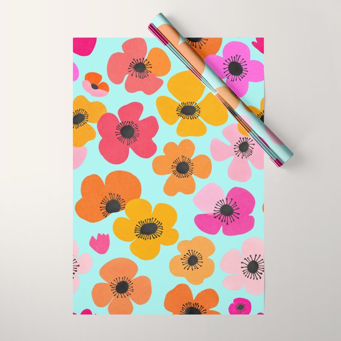 Midcentury Playful Botanical Bold Multicolor Retro Flowers Turquoise Wrapping Paper Gallery Image 1