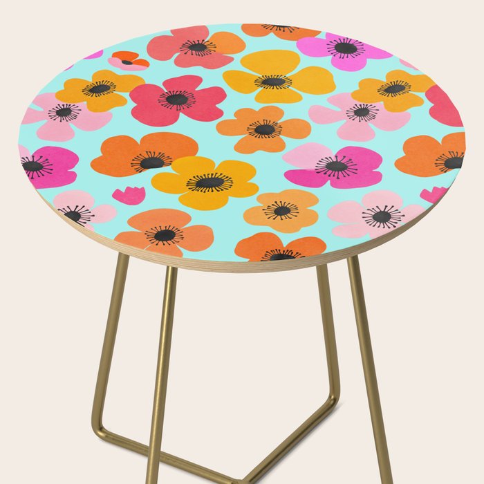Midcentury Playful Botanical Bold Multicolor Retro Flowers Turquoise Side Table Gallery Image 2