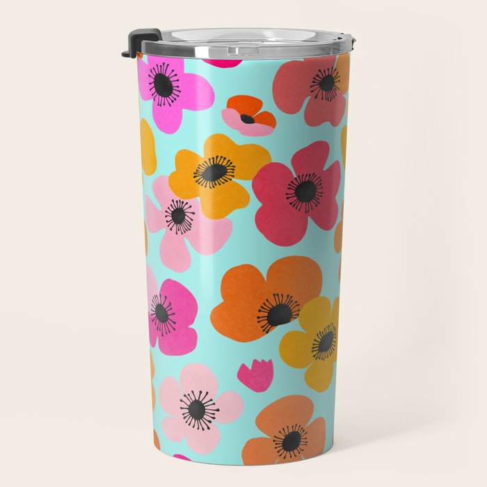 Midcentury Playful Botanical Bold Multicolor Retro Flowers Turquoise Travel Mug Gallery Image 3