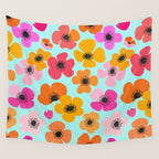 Midcentury Playful Botanical Bold Multicolor Retro Flowers Turquoise Wall Tapestry Gallery Image 4
