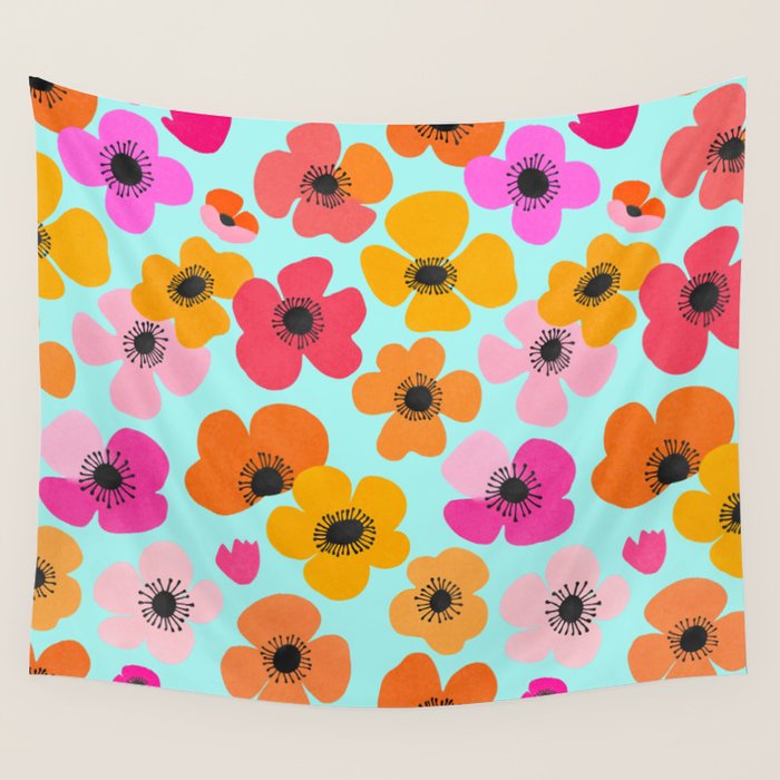 Midcentury Playful Botanical Bold Multicolor Retro Flowers Turquoise Wall Tapestry Gallery Image 4