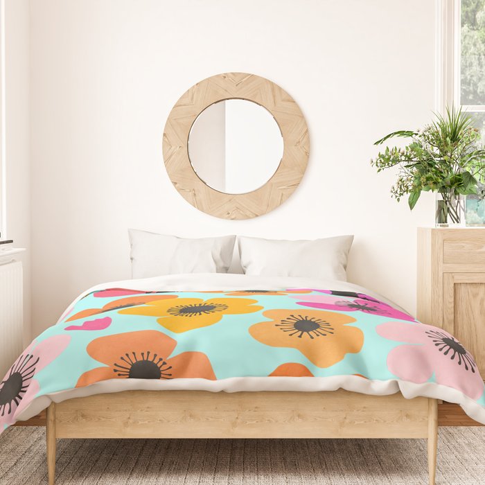 Midcentury Playful Botanical Bold Multicolor Retro Flowers Turquoise Duvet Cover Gallery Image 3