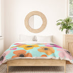 Midcentury Playful Botanical Bold Multicolor Retro Flowers Turquoise Duvet Cover Gallery Image 3