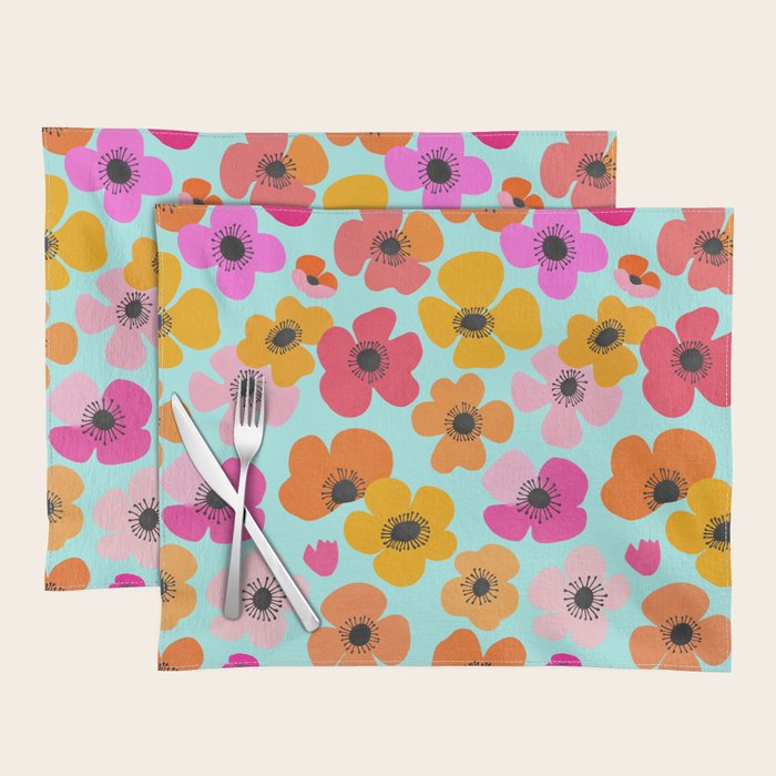 Midcentury Playful Botanical Bold Multicolor Retro Flowers Turquoise Placemat Gallery Image 1