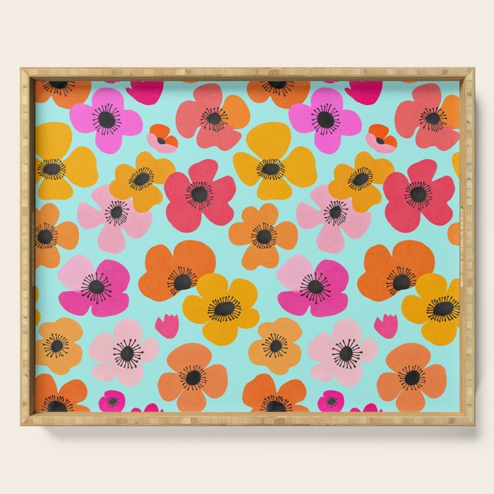Midcentury Playful Botanical Bold Multicolor Retro Flowers Turquoise Serving Tray Gallery Image 1