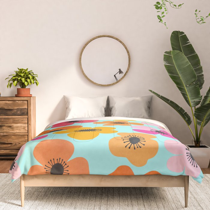 Midcentury Playful Botanical Bold Multicolor Retro Flowers Turquoise Comforter Gallery Image 3