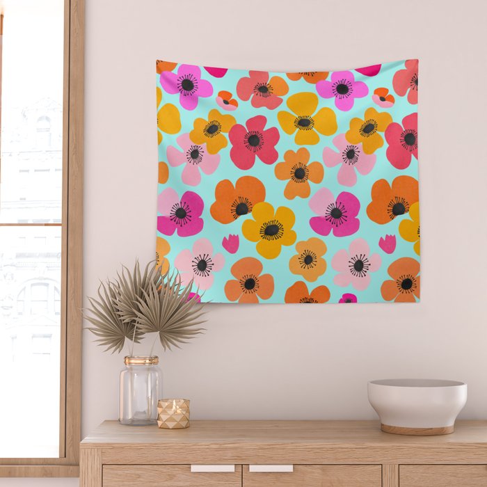 Midcentury Playful Botanical Bold Multicolor Retro Flowers Turquoise Wall Tapestry Gallery Image 2