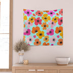 Midcentury Playful Botanical Bold Multicolor Retro Flowers Turquoise Wall Tapestry Gallery Image 2
