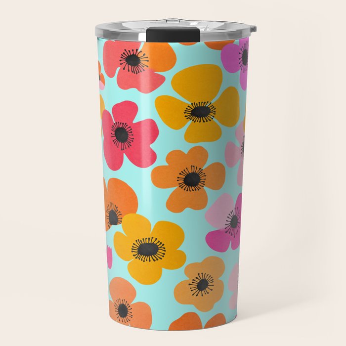 Midcentury Playful Botanical Bold Multicolor Retro Flowers Turquoise Travel Mug Gallery Image 1
