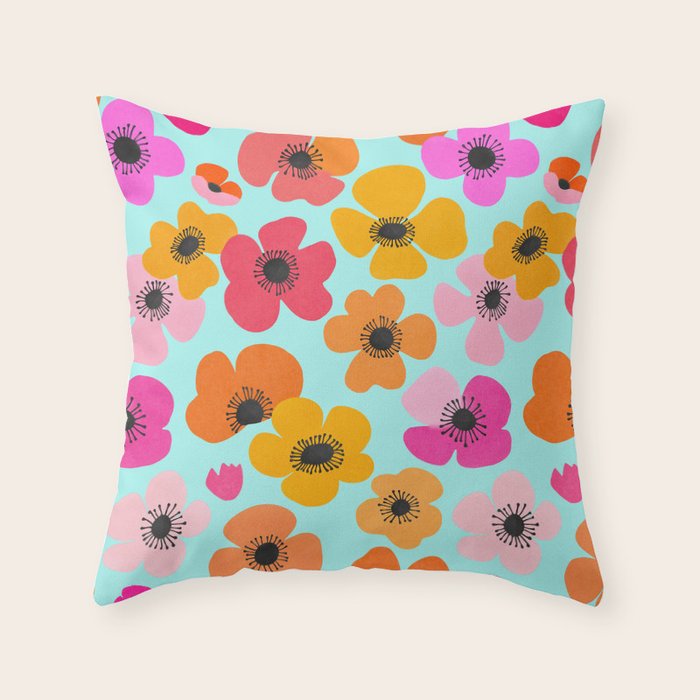 Midcentury Playful Botanical Bold Multicolor Retro Flowers Turquoise Throw Pillow Gallery Image 6